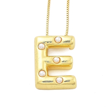 Brass & Plastic Pearl Letter Pendant Box Chain Necklaces for Women, Real 18K Gold Plated, Letter E, 17.64 inch(44.8cm)