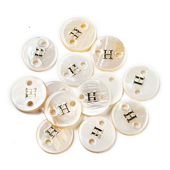 Freshwater Shell Buttons, Flat Round , Letter H, 12x2mm, Hole: 1.6mm
