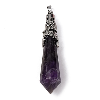 Natural Amethyst Pointed Big Pendants, Faceted Bullet Charms with Rack Plating Antique Silver Tone Alloy Dragon Wrapped, Cadmium Free & Lead Free, 67.5x16.5x16.5mm, Hole: 7x4.5mm