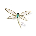Rhinestonoe Dragonfly with Plastic Imitation Pearl Brooch Pin, Light Gold Alloy Badge for Backpack Clothes , Erinite, 45x50x9mm(X-JEWB-I020-02LG)