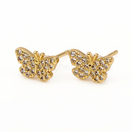 Brass Stud Earrings, with Clear Cubic Zirconia and Ear Nuts, Butterfly, Golden, 5.5x9mm, Pin: 0.9mm(EJEW-L247-04G)