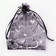 Organza Gift Bags, Silver Hearts Printed, with Drawstring, Black, 9x7cm(OP-Q038-7x9-01)