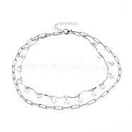 304 Stainless Steel Chain Tiered Necklaces, Double Layer Necklaces, with Bar Link Chains, Paperclip Chains and Lobster Claw Clasps, Star, Stainless Steel Color, 14.17 inch(36cm)(NJEW-JN02828)