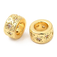 Brass Micro Pave Cubic Zirconia European Beads, Large Hole Beads, Flat Round with Star, Real 18K Gold Plated, 7.5~8x4mm, Hole: 4.5mm(KK-I705-15G)