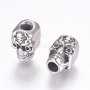 304 Stainless Steel European Beads, Large Hole Beads, Skull, Antique Silver, 13x8.5x10mm, Hole: 4mm(STAS-P173-002AS)