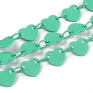 Spray Painted Brass Link Chains, with Spool, Soldered, Heart, Light Sea Green, Heart: 6x6.5x0.4mm, Link: 4x3x0.5mm, 32.8 Feet(10m)/roll(CHC-H103-01C)