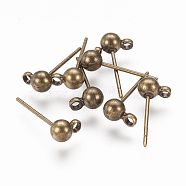 Brass Ball Post Ear Studs, with Loop, Nickel Free, Antique Bronze Color, about 4mm wide, 15mm long, hole: about 1.5mm(EC253-AB)