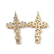 Brass Clear Cubic Zirconia Pendants, Cross Charms, Real 18K Gold Plated, 33x19x2.5mm, Hole: 3.5x2mm(KK-E068-VA017-2)