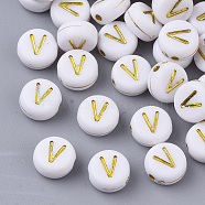 Plating Acrylic Beads, Golden Metal Enlaced, Horizontal Hole, Flat Round with Alphabet, White, Letter.V, 7x3.5mm, Hole: 1.2mm, about 3600pcs/500g(PACR-R242-01V)