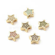 Rack Plating Brass Cubic Zirconia Beads, Cadmium Free & Lead Free, Real 18K Gold Plated, Star, Mixed Color, 11x11.5x4.5mm, Hole: 2.2x1.7mm(KK-B051-01G)