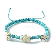 Ocean Theme Starfish Tortoise Synthetic Turquoise Beaded Anklets for Women, Nylon Cord Braided Adjustable Bracelets, Floral White, Inner Diameter: 2-1/2~3-3/4 inch(6.3~9.6cm)(AJEW-AN00554-02)