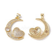 Brass Micro Pave Clear Cubic Zirconia Pendants, Cadmium Free & Nickel Free & Lead Free, Rack Plating, Moon with Heart, Real 18K Gold Plated, 28x22.5x4mm, Hole: 3.5x5mm(KK-G439-39G)