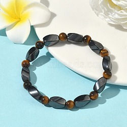 Round Natural Tiger Eye Stretch Bracelets, with Magnetic Synthetic Non-Magnetic Synthetic Hematite Beads and Elastic Cord, 50mm(X-BJEW-G072-14)