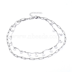 Non-Tarnish 304 Stainless Steel Chain Tiered Necklaces, Double Layer Necklaces, with Bar Link Chains, Paperclip Chains and Lobster Claw Clasps, Star, Stainless Steel Color, 14.17 inch(36cm)(NJEW-JN02828)