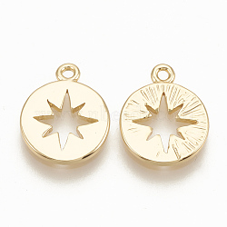 Brass Charms, Flat Round with Star, Nickel Free, Real 18K Gold Plated, 12x9.5x1mm, Hole: 1mm(KK-T020-89G)