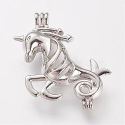 Hollow Brass Locket Pendants, Cage Pendants, Unicorn/Horse, Platinum, 35x34x10mm, Hole: 3mm, Inner Measure: 24x10mm(KK-S312-04P)