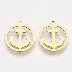 201 Stainless Steel Pendants, Laser Cut Pendants, Flat Round with Anchor, Golden, 17.5x15.5x1mm, Hole: 1.4mm(STAS-S110-013G)
