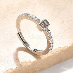 S925 Sterling Silver Adjustable Letter Rings for Women, with Micro Pave Cubic Zirconia, Letter B, 2mm,US Size 5 1/2(16.1mm), Letter: 5x4mm(RJEW-M068-01P-B)