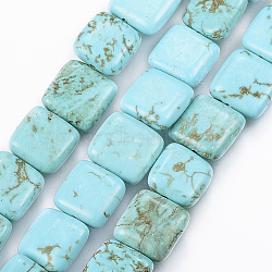 Natural Howlite Beads Strands, Dyed, Flat Slice Square Beads, Cyan, 9.5~10x9.5~10mm, Hole: 1mm, about 15pcs/strand, 5.9 inch(X-TURQ-K003-06)