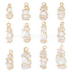 12Pcs Natural Quartz Crystal Copper Wire Wrapped Pendants, Rock Crystal, Nuggets Charm, Golden, 24~44x8~15x5~15.5mm, Hole: 2.5~4mm(PALLOY-FG0001-02A)