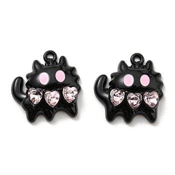 Spray Painted Alloy Enamel with Rhinestone Pendants,  Lead Free & Cadmium Free, Cat with Heart Charm, Black, 20x19.5x5mm, Hole: 1.5mm