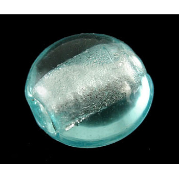 Handmade Silver Foil Glass Beads, Flat Round, Cyan, about 12mm in diameter, 8mm thick, hole: 2mm