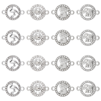 32Pcs 4 Styles Alloy Crystal Rhinestone Connector Charms, Flat Round Links, Platinum, 16~23x16~23x2.5~3mm, Hole: 1.8~2.5mm, 8pcs/style