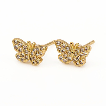 Brass Stud Earrings, with Clear Cubic Zirconia and Ear Nuts, Butterfly, Golden, 5.5x9mm, Pin: 0.9mm