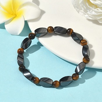 Round Natural Tiger Eye Stretch Bracelets, with Magnetic Synthetic Non-Magnetic Synthetic Hematite Beads and Elastic Cord, 50mm