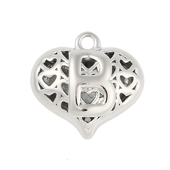 Hollow Brass Pendants for Valentine's Day, Heart with Letter, Real Platinum Plated, Letter B, 25x26x13mm, Hole: 2.5mm