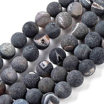 Natural Black Druzy Agate Beads Strands, Round, Frosted, 8~8.5mm, Hole: 1mm, about 49pcs/strand, 15.35~15.55 inch(39~39.5cm)