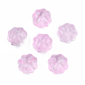 Transparent Spray Painted Glass Beads, Clover, Pearl Pink, 11.5x11.5x7.5mm, Hole: 1mm