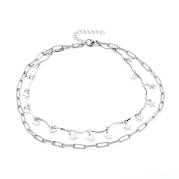 304 Stainless Steel Chain Tiered Necklaces, Double Layer Necklaces, with Bar Link Chains, Paperclip Chains and Lobster Claw Clasps, Star, Stainless Steel Color, 14.17 inch(36cm)