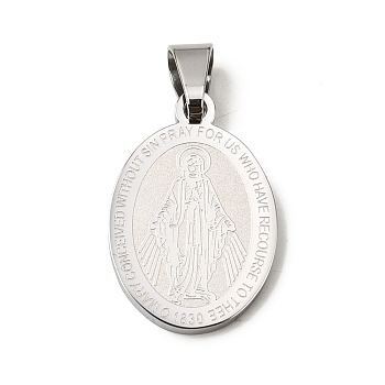 Non-Tarnish 304 Stainless Steel Pendants, Oval with Saint Charm, Stainless Steel Color, 27x18x2mm, Hole: 6x3.5mm