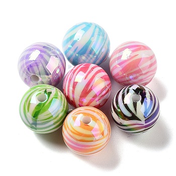 UV Plating Iridescent Acrylic Beads, AB Color, Round with Stripe, Mixed Color, 16x16mm, Hole: 2.5mm