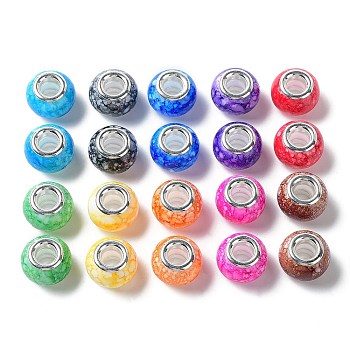 Crackle Acrylic European Beads, Large Hole Beads, with Stainless Steel Color Core, Rondelle, Mixed Color, 14x10mm, Hole: 5.2mm