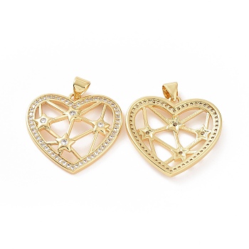 Brass Micro Pave Cubic Zirconia Pendants, Heart with Star Charm, Golden, Clear, 27.5x25x3.5mm, Hole: 5x3mm