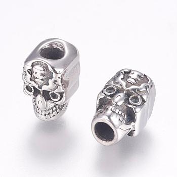 304 Stainless Steel European Beads, Large Hole Beads, Skull, Antique Silver, 13x8.5x10mm, Hole: 4mm