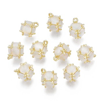 Creamy White Imitation Cat Eye Resin Charms, with Rack Plating Brass Findings, Nickel Free, Round, Real 18K Gold Plated, 13.5x10x11mm, Hole: 1.2mm