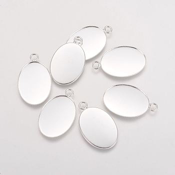 Brass Pendant Cabochon Settings, Milled Edge Bezel Cups, DIY Findings for Jewelry Making, Oval, Lead Free & Nickel Free, Silver Color Plated, 19x31x1mm, hole: 3mm, Tray: 18x25mm