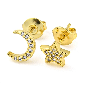 Brass Micro Pave Cubic Zirconia Stud Earrings, Moon & Star Asymmetrical Earrings, Golden, 8.5x6.5~8.5mm