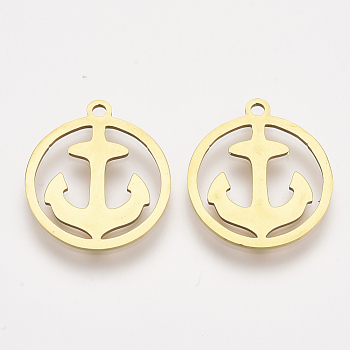 201 Stainless Steel Pendants, Laser Cut Pendants, Flat Round with Anchor, Golden, 17.5x15.5x1mm, Hole: 1.4mm