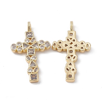 Brass Clear Cubic Zirconia Pendants, Cross Charms, Real 18K Gold Plated, 33x19x2.5mm, Hole: 3.5x2mm