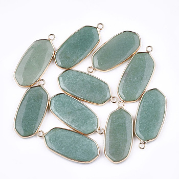 Natural Green Aventurine Pendants, with Brass Findings, Oval, Golden, 36~37x15~16x3~4mm, Hole: 2mm