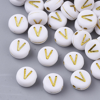 Plating Acrylic Beads, Golden Metal Enlaced, Horizontal Hole, Flat Round with Alphabet, White, Letter.V, 7x3.5mm, Hole: 1.2mm, about 3600pcs/500g