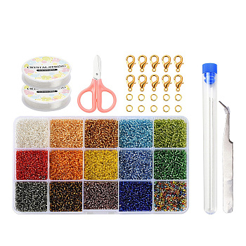 DIY Jewelry Making Kits, 12000Pcs 15 Colors 12/0 Silver Lined Round Hole Glass Seed Beads, Elastic Stretch Thread, Alloy Clasps, Iron Rings, Scissors, Beading Needles, Test Tube and Tweezers, Mixed Color, Beads: 12000pcs/box