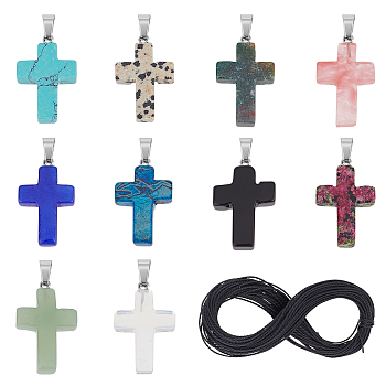Unicraftale Cross Pendant Necklace Making Kit, Including Natural & Synthetic Mixed Stone Pendants, Waxed Polyester Cord, Mixed Color, Pendants: 20Pcs/box