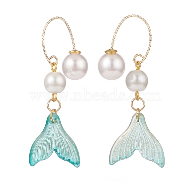 Glass Whale Tail with Imitation Pearl Cuff Earrings(EJEW-JE04996)-4