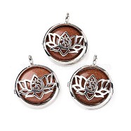 Synthetic Goldstone Locket Pendants, Flat Round Charms, with Platinum Plated Brass Lotus Findings, 31.5x27x9mm, Hole: 4.6mm(G-G982-01P-06)