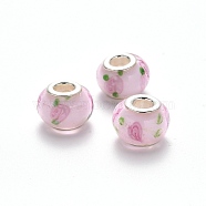 Handmade Lampwork European Beads, Large Hole Rondelle Beads, with Platinum Tone Brass Double Cores, Pearl Pink, 14~15x9~10mm, Hole: 5mm(LPDL-N001-035)